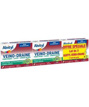 Alvityl - Veino-Draine - Pack of 3 - Circulation Draining Action Light Legs - Red 3 x 30 Capsules