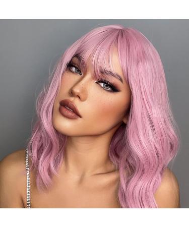 Pretty Pink Short Wavy Bob Wig with Air Bangs - Shoulder Length Party Cosplay Fancy Dress Wig for Women (Pink) - Buy Online on GoSupps.com
