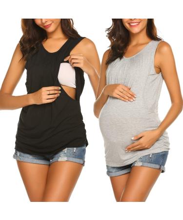 UNibelle Women's Maternity Nursing Top Breastfeeding Tank Top Tee Shirt Double Layer Sleeveless Pregnancy Shirt S-XXL L 2pcs_black+gray