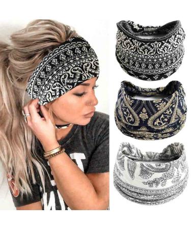 Fashion band Boho Wide Territops Black Flower Hairbands Elastic Headscarf knot Yoga head wraps for women and girls (3 pieces)