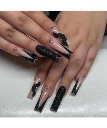 IMSOHOT Long Black French Press-On Nails 24 Pcs Glossy Acrylic with 3D Flower Charms & Rhinestones | Full Cover False Nail Tips for Women - Buy Online on GoSupps.com
