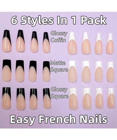 144PCS Long French Tip Press On Nails: White & Black Acrylic Square Coffin Fake Nails for Women - Buy Online on GoSupps.com