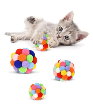 Cat Toy Balls with Bell, TUSATIY Colorful Soft Fuzzy Balls Built-in Bell for Cats, Chewing Toys Interactive Cat Toys for Indoor Cats and Kittens 3 Pack