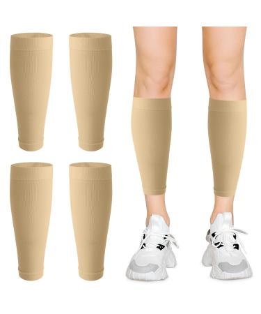 4Pcs Elastic Calf Compression Sleeves Relacement Uniform Size for Men & Women Calf Support Sleeves Shin Calf Support Footless Calf Compression Socks for Varicose Vein Calf Injury Running Beige