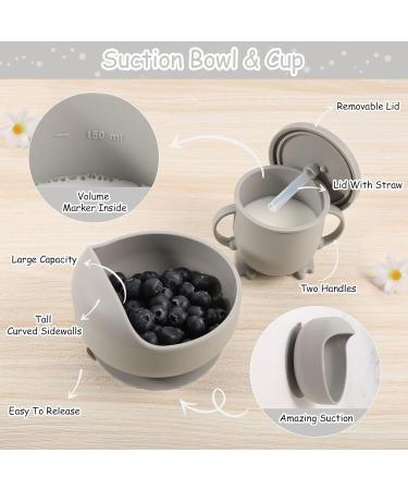 Silicone Baby Weaning Set 6 Pcs - Adjustable Bib, Divided Plate, Suction Bowl, Cup, Fork & Spoon - Grey - Ideal for Babies, Toddlers & Kids - Buy Online on GoSupps.com