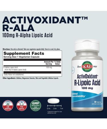 Kal Alpha Lipoic Acid 100mg - Vegan Gluten-Free Dietary Supplement | 60 Capsules for Energy Metabolism | Laboratory Tested | Non-GMO - Buy Online on GoSupps.com