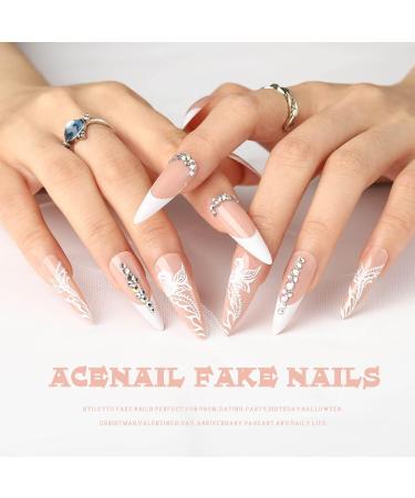 Buy Acenail Stiletto Press on Nails | Long Rhinestone Designs | Glossy Nude Acrylic Nails - Perfect for French Tips & Glitter 3D Full Cover - Buy Online on GoSupps.com