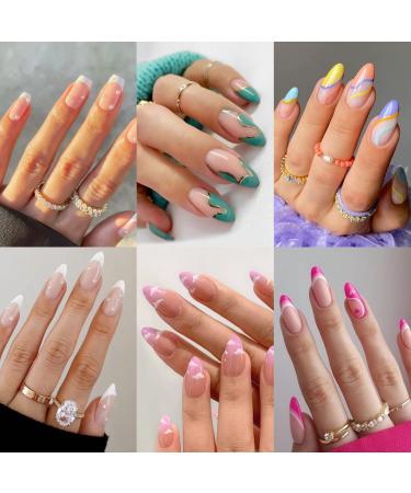 6 Packs (144 Pcs) Press on Nails Medium Design Misssix Short Fake Nails Almond French Glue on Nails Set with Adhesive Tabs Nail File for Women