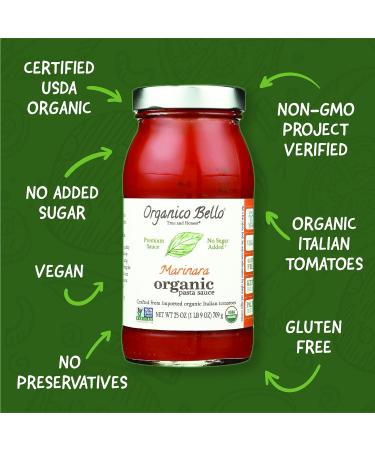 Organico Bello Marinara Sauce 25 oz - Pack of 3 | USDA Organic, Non-GMO, Gluten-Free | No Added Sugar | Keto & Paleo Friendly Tomatoes - Buy Online on GoSupps.com