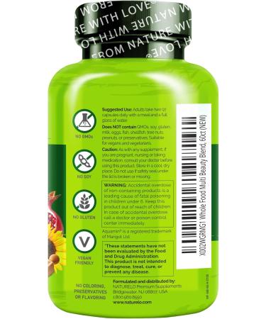NATURELO Whole Food Multivitamin with Extra Hair Skin & Nails Support - Beauty Blend with Hyaluronic Acid & Grape Seed - High Potency Biotin Vitamin C & Glutathione 60 Vegan Capsules (Pack of 2) Unflavored 60 Count (Pac  - Buy Online on GoSupps.com