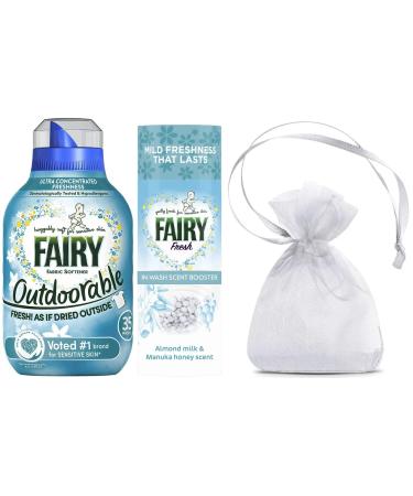 Fairy Outdoorable Non Bio Fabric Conditioner 1Pk 35washes 490ml + Fairy Fresh in Wash Scent Booster Beads Almond Milk & Manuka Honey Scent 1Pk 176gr + Our Gift for You: Organza Bag Size: 9x7x0.1cm