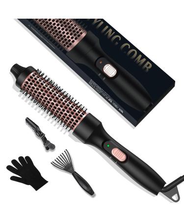 Thermal Brush for Hair Culing Straightening 32MM Hot Comb Curling Wand with Dual Voltage Curler Iron Brush Hair Straightening Brush Create Root Volume & Loose Curls Idea Gifts for Women Black Gold