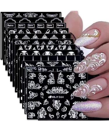 White Flowers Nail Stickers 3D Lace Flowers Nail Stickers Retro Lace Flower Nail Art Supplies Leaf Vine Geometric Self Adhesive Floral Nail Decals Wedding Nail Designs for Women Manicure Decorations