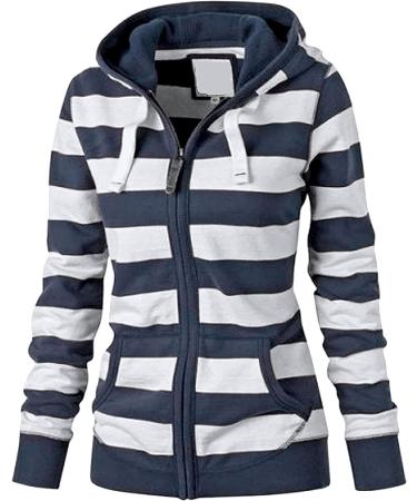 OUNAR Women's Casual Lightweight Striped Zip Up Hoodie with Pockets - Navy, XL - Buy Online on GoSupps.com