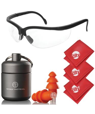 Titan Tactical Eyes + Ear Protection Kit w/ 29NRR Reusable Shooting Ear Plugs + Mil-Spec Clear Range Ballistic Glasses (for Normal + Small Ear Canals)