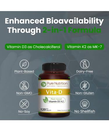 Pure Nutrition Vita D3 K2 - Plant Based Vitamin D3 K2 Supplement | 120 Tabs | Vitamin D3 6000 IU | Vitamin K2 as MK7 100mcg | Vitamin K2 D3 | Non GMO | - Buy Online on GoSupps.com