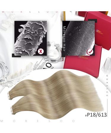 Moresoo 14 Blonde Tape in Hair Extensions - Real Remy Human Hair, Ash Blonde with Platinum Blonde Highlights - 20 Pieces/40g, #P18/613 - Buy Online on GoSupps.com