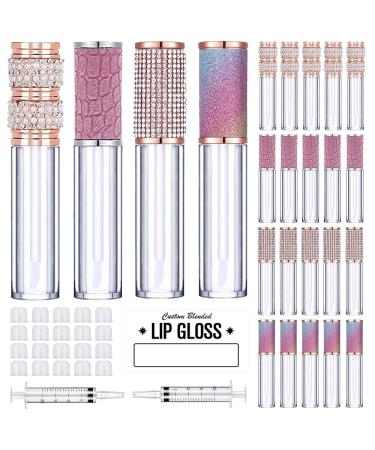 20 Pack Diamond Lip Gloss Tubes with Wand 5ml Empty Rhinestone Lip Gloss Containers Cute Lipgloss Bottles Crystal Lip Gloss Supplies Kit + 2pcs Syringes 5pcs Gift Bags + Labels for DIY Lip Gloss Base 4 Styles