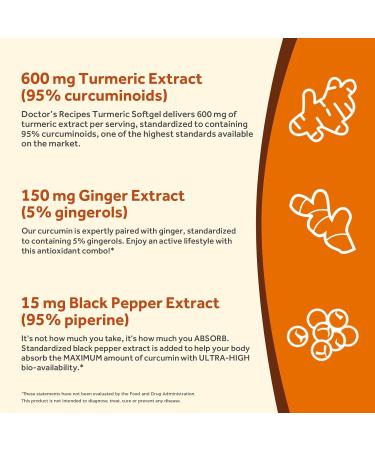 Doctor's Recipes Turmeric Softgel 750mg Curcuminoids (95%) with Ginger Extract (5% gingerols) for Antioxidant Function Mobility & Flexibility Black Pepper for Optimal Absorption 90 Softgels - Buy Online on GoSupps.com