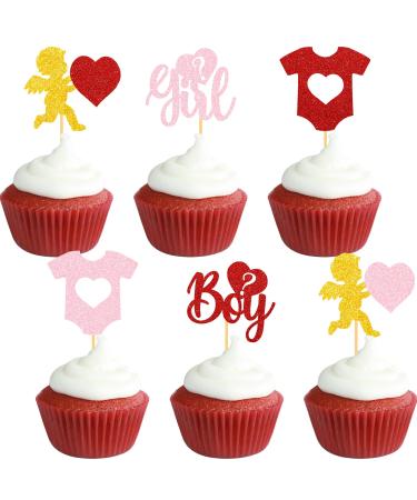 Valentine's Day Gender Reveal Cupcake Toppers Red Pink Hearts Boy Or Girl Cupid Valentine Baby Shower Decoration