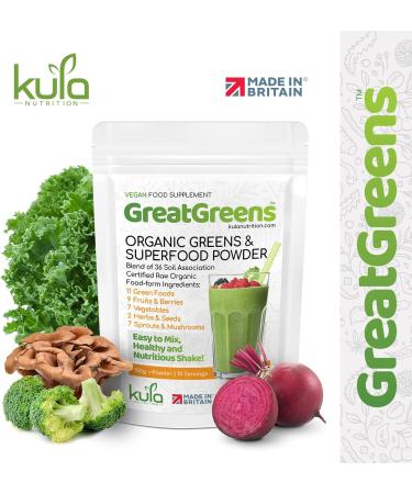 GreatGreens Organic Greens Superfood Powder - 150g - 36 Raw Soil Association Certified Organic Food Form Ingredients - Nutritious Organic Greens Supplement - High Fibre Daily Greens Smoothie Drink - Buy Online on GoSupps.com