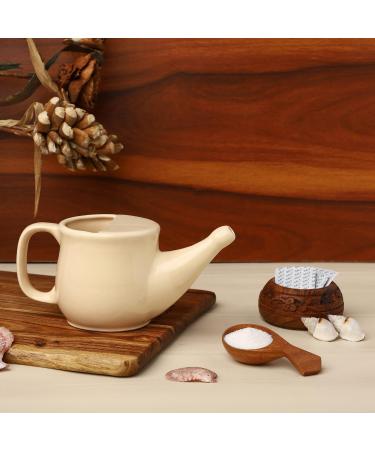 Spill Proof Ceramic Neti Pot Set - Beige, 250 ML - 5 Sachet Neti Salt, Microwave Safe - Buy Online on GoSupps.com