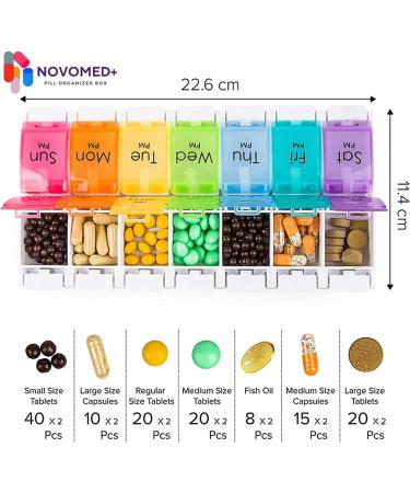 NOVOMED+ Pill Box 7 Day 2 Times a Day Easy to Open Pill Organiser with Push Tab Open Medicine Storage Box with Large 14 Compartments Tablet Organiser to Hold Vitamins and Medication (Double Straignt) - Buy Online on GoSupps.com