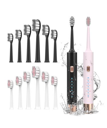 Aneebart Sonic Electric Toothbrush 2 Pack Electric Toothbrush for Adults and Kids Travel Electric Toothbrush Includes 12 Dupont Brush Heads 6 Modes with 2 MIN Smart Time (Black Pink)