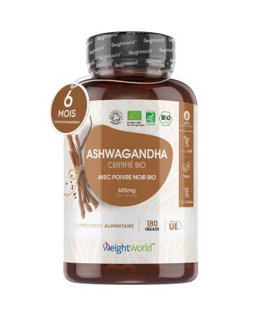 Ashwagandha Organic Extra Strong Capsules 600mg + Organic Black Pepper 5mg - 180 Vegan Capsules (6 Months) - Indian Ginseng or Withania Somnifera with Piperine - Certified by Organic Agriculture