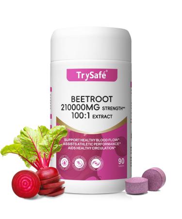 TrySafe Organic Beet Root 210000 mg Strength 100:1 Extract to Boost Daily Nutrition Supports Healthy Blood Circulation* and enhances Athletic Performance* Vegan Non-GMO 90 Tablets 30-Day Supply