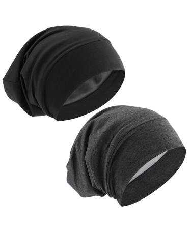 Satin Bonnet for Men 2 Pack Soft and Elastic Black Hair Cap,Satin Lined Beanie, Large Breathable Silky Hair Bonnet for Sleeping Cap,Suitable for Chemo Headwear for Women - Black and Grey