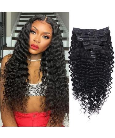 Tahikie Deep Wave Clip in Hair Extensions Real Human Hair for Women 8Pcs Deep Wave Clip Ins Brazilian Remy Human Hair Thick to Ends with 18Clips Double Weft 120g  (20 inch  Natural Color) 20 Inch 1B