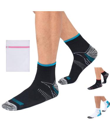 360 RELIEF - Compression Ankle Socks for Sprained Ankle Supports | Arch Pain Plantar Fasciitis Foot Swelling Travel Flight Heel Spurs Pregnancy | S/M Black/Blue with Mesh Laundry Bag | S/M Black/Blue