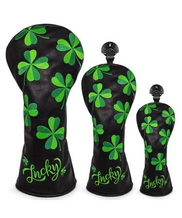 Golf Club Headcover Golf Lucky Clover Magnetic Closure Elegant Embroidery Premium Leather Driver Fairway Wood Hybrid Blade Mallet Putter Cover Wood Head Cover for Golf Wood Club Covers DR+FW+UT(3pcs)