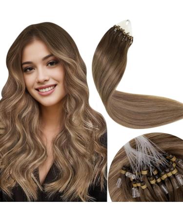 LaaVoo Microring Human Hair Extensions Ombre Brown Extensions Human Hair Micro Loop Light Brown Balayage Golden Blonde Human Hair Extensions With Microring Pre Bonded 60cm 50g 1g/s #8/16/8 60 cm 3.23Micro#8/16/8