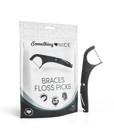 SOMETHING NICE Floss Picks for Braces - Mint Flavored Braces Flossers with Rubber Band Hook & Tongue Scraper Braces Floss Picks with Xylitol for Protection | Floss for Braces Orthodontic 90-Pack