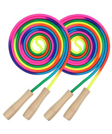 16 FT Long Jump Rope for Kids 2 Pack Adjustable Double Dutch Skipping Rope with Wooden Handle Multiplayer Rainbow Jumping Rope for Outdoor Fun School Sport Party Game