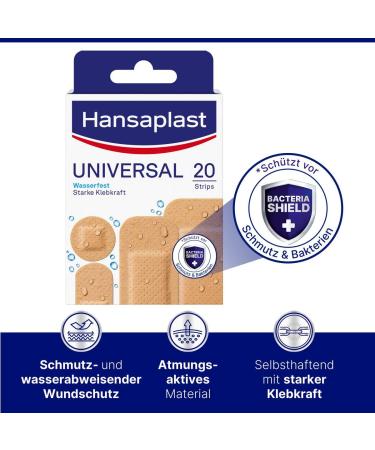 Hansaplast Universal Pflasters - Water-Repellent Wound Plasters (20 Strips 2-Pack) with Strong Adhesive & Bacteria Shield for Optimal Protection - Buy Online on GoSupps.com