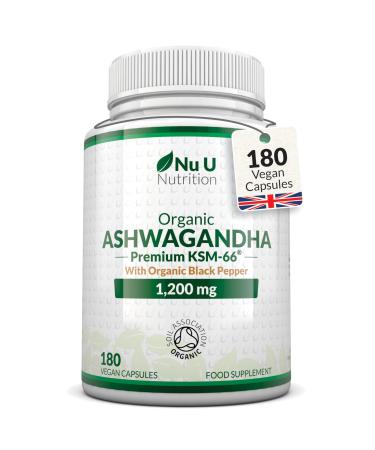 Organic Ashwagandha KSM-66 1200mg - 5% Withanolides - 180 Vegan Capsules not Tablets - High Strength Ashwaganda Enhanced with Black Pepper - Soil Association Certified - Nu U Nutrition