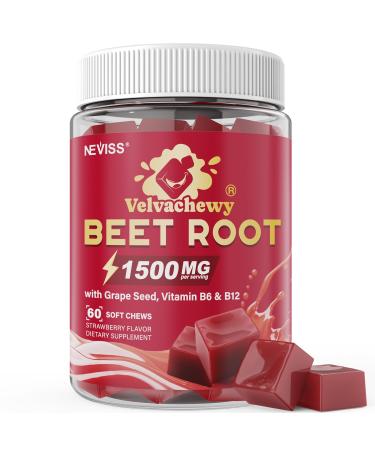Organic Beet H t Chews 1500mg, Nitric Oxide and Blood Pr ss re Support, 5 IN 1 Beets Supplements w/ Grape Seed, L-Citrulline, Vitamin B6 & B12 for Energy & Circulation Support, 60 Chews, Sugar-Free