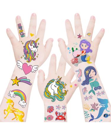 Mocossmy Mermaid Animal Temporary Tattoos for Kids 4 Sheets 90 PCS Metallic Glitter Mermaid Animals Waterproof Fake Tattoo Body Decoration DIY Craft for Kids Girls Birthday Gifts Party Favor Supplies