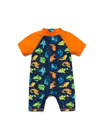 BONVERANO Baby Boys Sunsuit/Swimsuit UPF 50+ Sun Protection One Pieces with Zipper Swimwear with Sun Hat 6 Months Shark/Orange