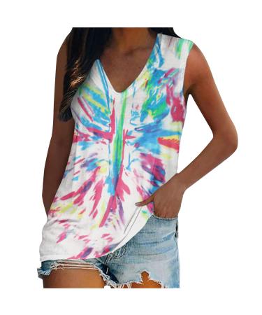 Routinfly casual loose sweater for women with a V-neck sleeveless shirts tie-dye printing vest tops summer sexy tank blouse m white a