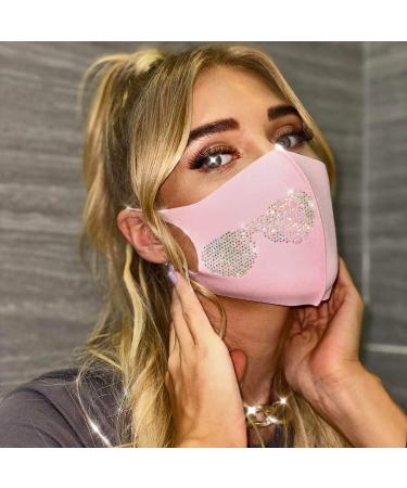 Abien Sparkly Crystal Face Mask Glitter Face Cover Glasses Outdoor Nightclub Mouth Cover for Women and Girls (Pink)