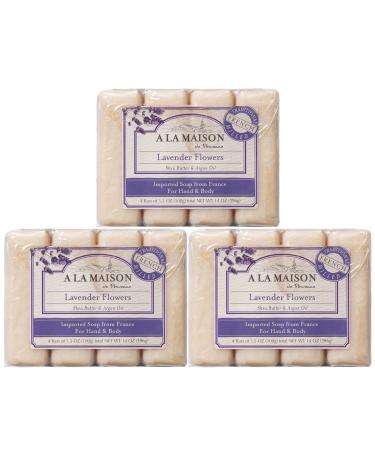 A La Maison Lavender Flowers Bar Soap 3.5 oz. | 12 Bars Triple French Milled All Natural Soap | Moisturizing and Hydrating For Men, Women, Face and Body 4 Count (Pack of 3)