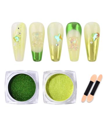 DSHIJIE Nail Art Chrome Mirror Effect Powder Apple Green Mirror Holographic Pigment Powder Nail Glitter Manicure Nail Art Decoration 2 Boxes Green Chrome Powder