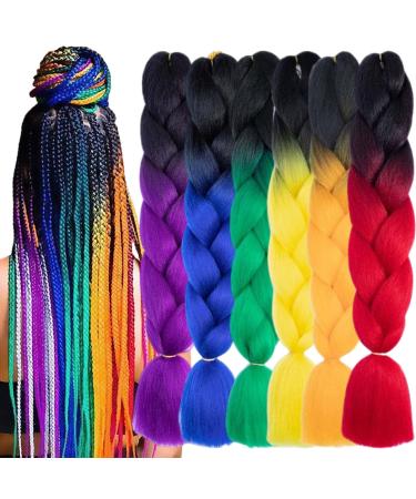TENGSHUO FLY 6 Packs 24 Inch Braiding Hair Ombre Jumbo Braiding Hair for Women Extensions 24 Inch Kanekalon Heat Resistance Synthetic Hair for Braiding (6 Packs 24 Black to Yellow/Black to Orange/Black to Green/Black t...