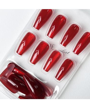 Wine Red Cat Eye Press on Nails | Medium Coffin Gradient Fake Nails | Shiny Acrylic Full Cover | Valentine's Day Manicure - Buy Online on GoSupps.com