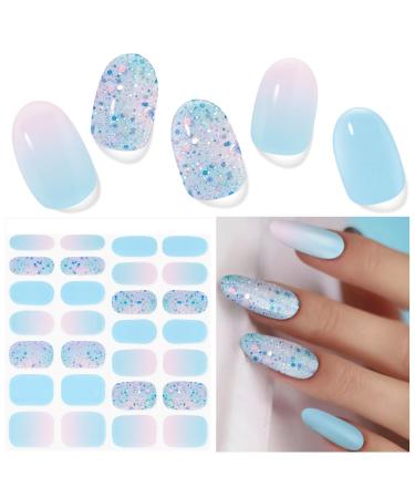 Semi Cured Gel Nail Strips 28 Pcs UV Gel Nail Stickers Long Lasting Gel Nail Strips Salon Quality Gel Nail Wraps for Home Includes Prep Pads Nail File & Wood Stick(Summer Blue) D.11a Summer Blue
