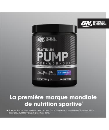 Optimum Nutrition ON Platinum PUMP Pre-Workout Intense and Caffeine-free Dietary Supplement with Fruitflow Beta-Alanine L-Arginine L-Citrulline Blue Raspberry Flavor 20 Servings 380 g - Buy Online on GoSupps.com